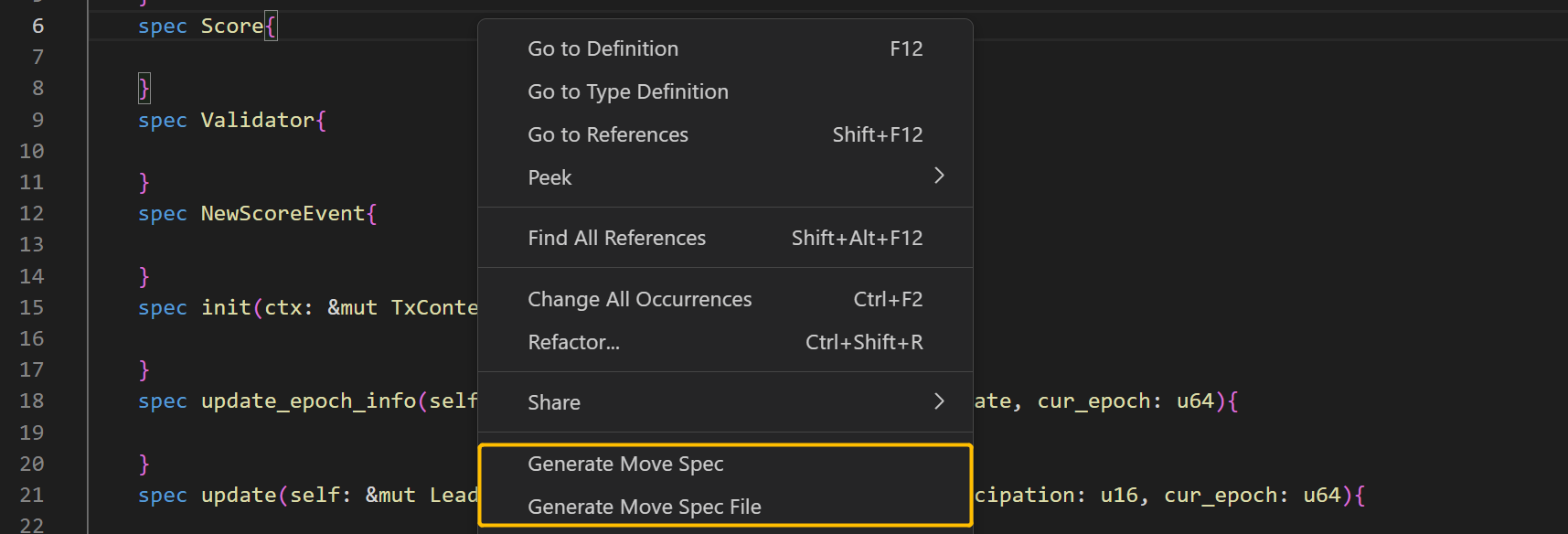 function specification in a drop down menu