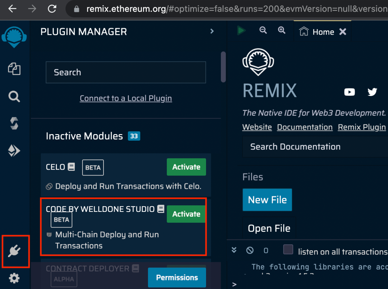Remix IDE interface showing available plugins