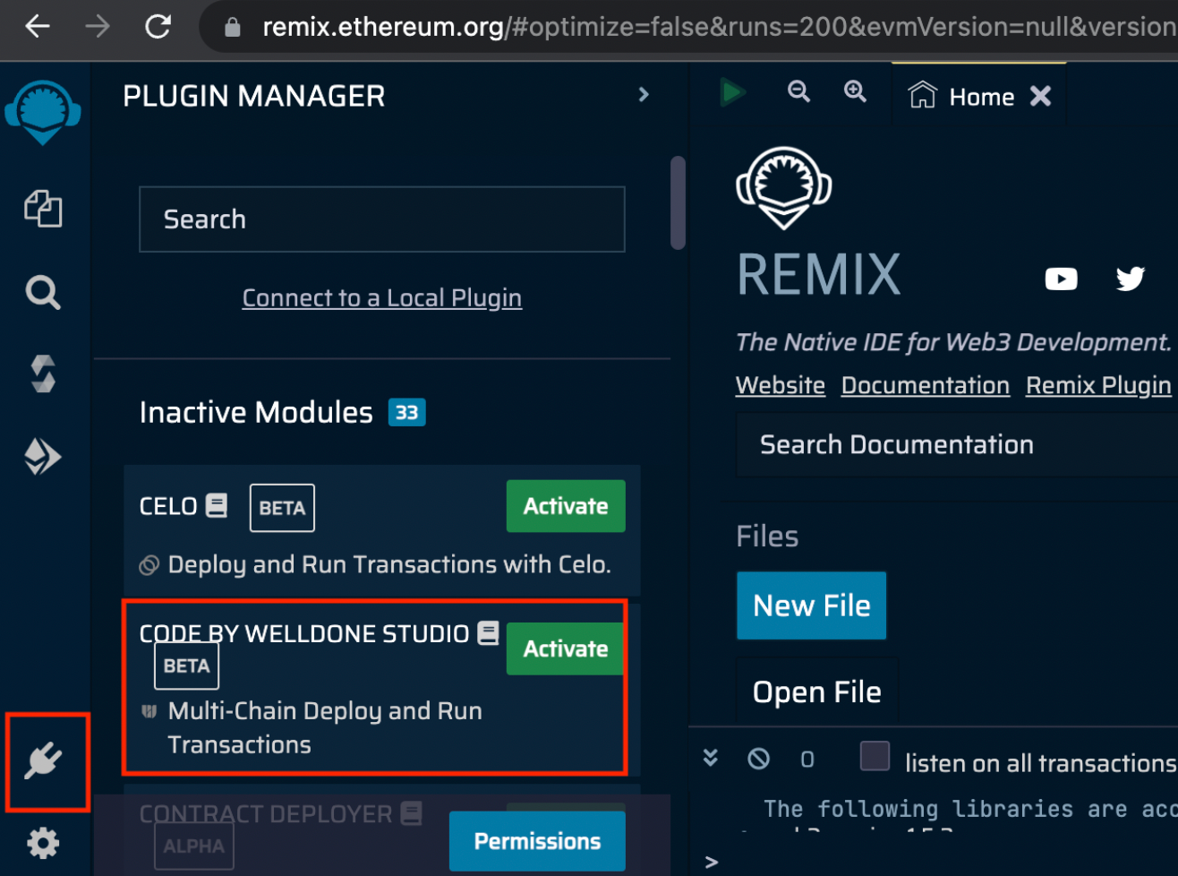 사용 가능한 플러그인을 보여주는 Remix IDE 인터페이스