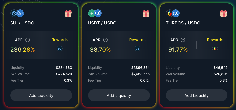 screenshot with three liquidity pool interfaces
