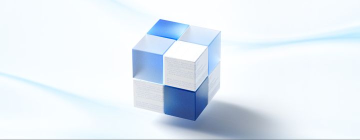 Blue, white, and transparent blocks stacked like a square
